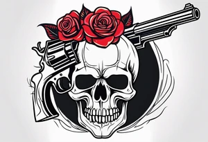 skull with a gun a  rose and an dominated by a  heart with  flames coming out of the top of it tattoo idea