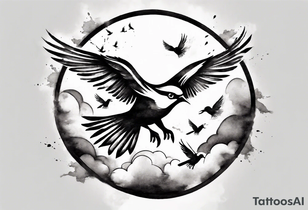 shoulder tattoo with light rays with birds flying free among the clouds, round shape, 3d effect tattoo idea shoulder tattoo with light rays with birds flying free among the clouds, round shape, 3d effect tattoo idea