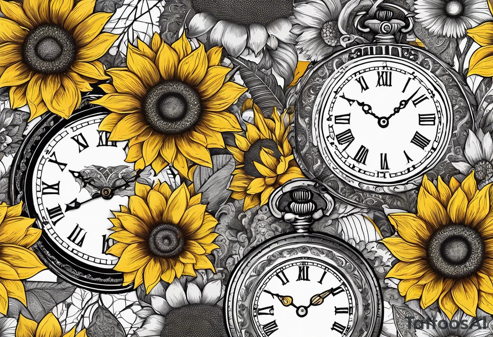 Sunflower, paisley, moon, 3 old fashioned pocket watches, witchy tattoo idea