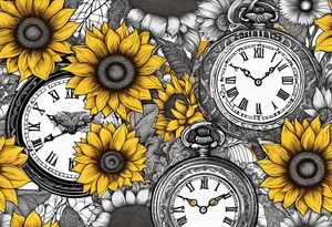 Sunflower, paisley, moon, 3 old fashioned pocket watches, witchy tattoo idea