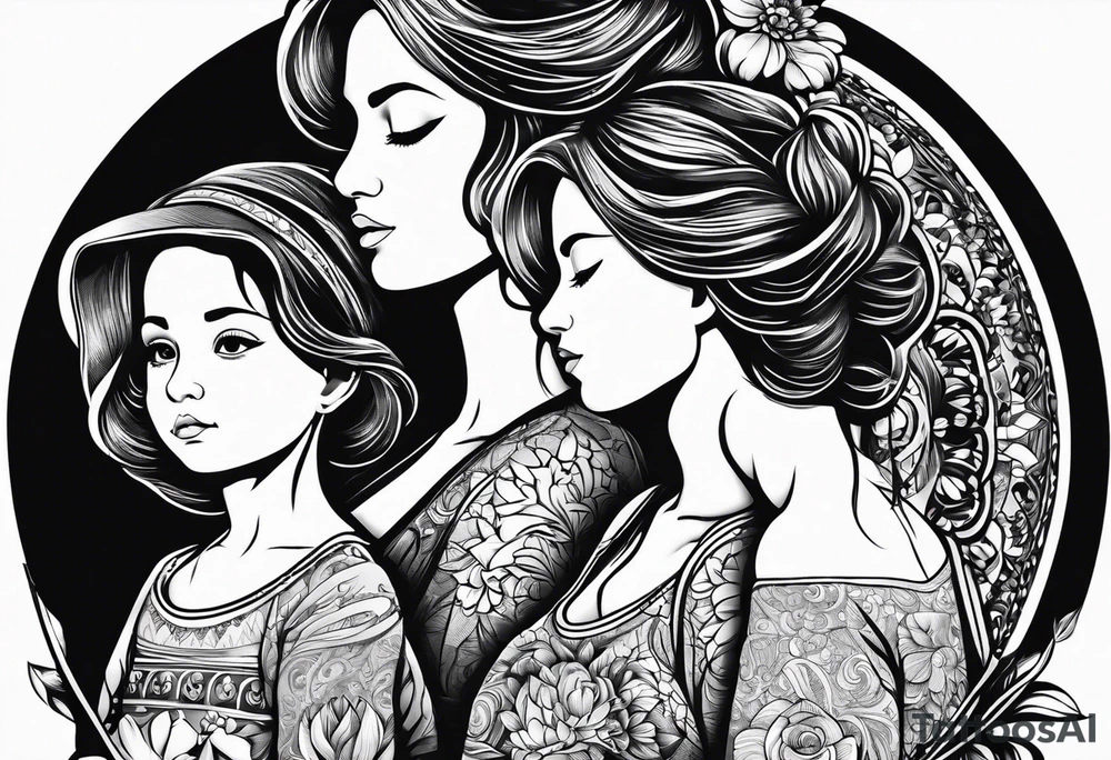 silhouette of mother with three daughters tattoo idea