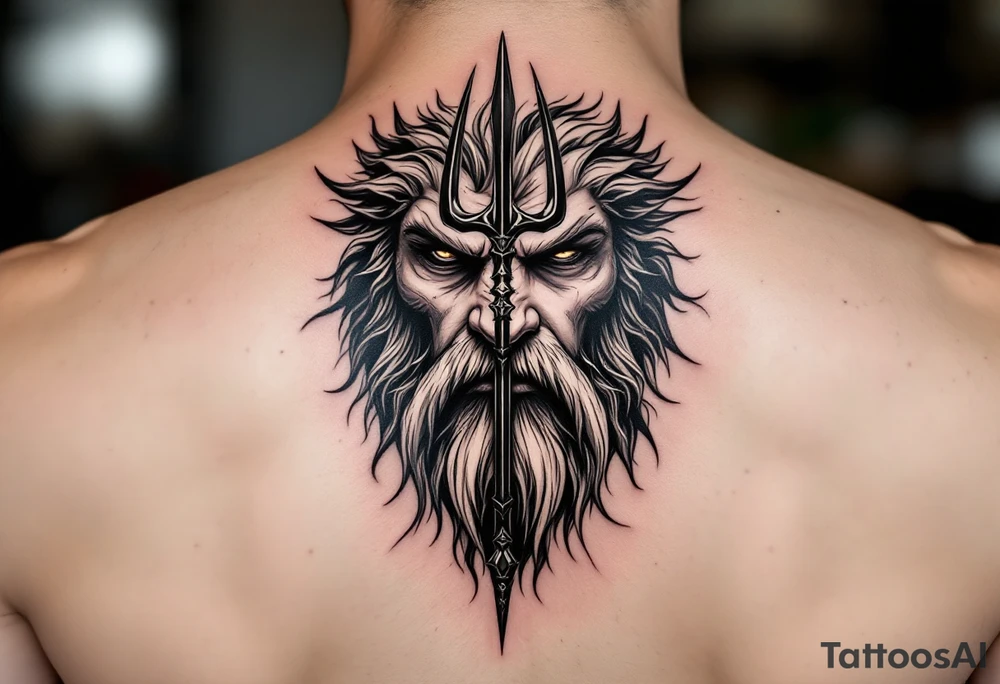 close-up gentle poseidon behind a trident tattoo idea