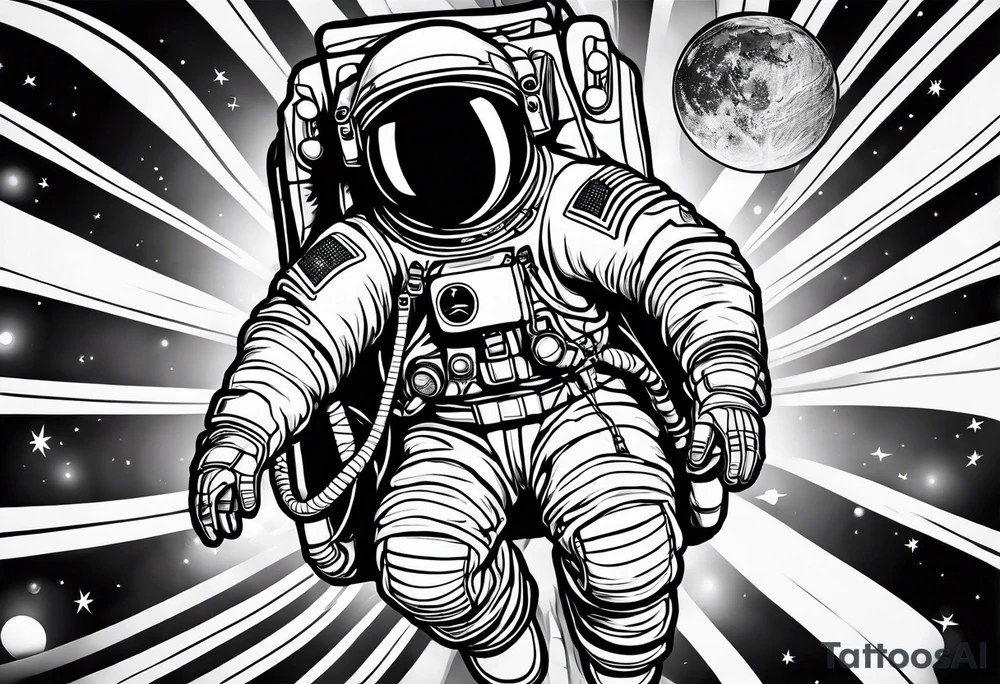 An astronaut floating upside down with jordan shoes on his feet tattoo idea