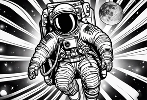 An astronaut floating upside down with jordan shoes on his feet tattoo idea
