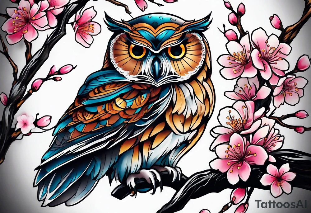 Owl and cherry blossoms tattoo idea