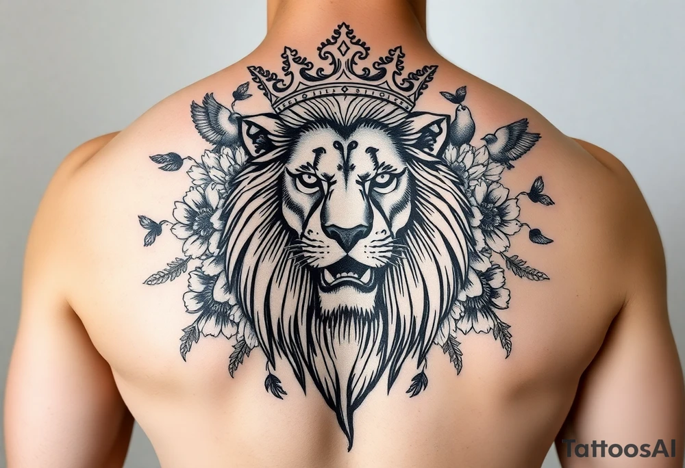 powerful majestic lion with a crown, surrounded by floral ornaments and birds tattoo idea