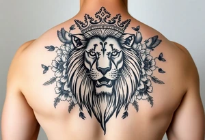 powerful majestic lion with a crown, surrounded by floral ornaments and birds tattoo idea