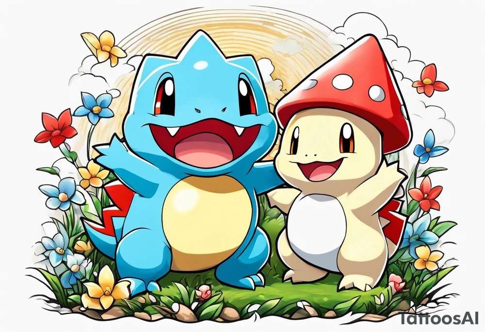 Togepi and totodile playing together in a field tattoo idea