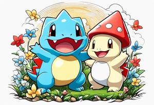 Togepi and totodile playing together in a field tattoo idea