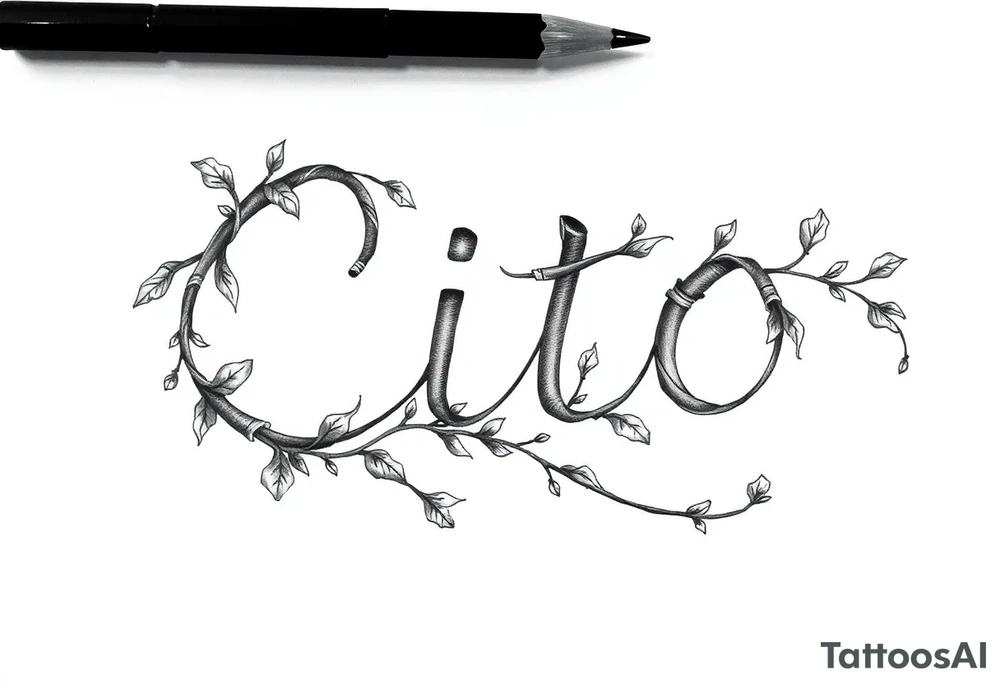 Write the name Cito but make it look like a vine with detail it should resemble cursive but keep it looking like it’s written in vine make it sideways facing left going downward tattoo idea