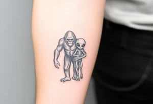 Bigfoot and a alien with arms around each other tattoo idea