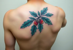 on the forearm an oak branch with thick leaves and acorns tattoo idea