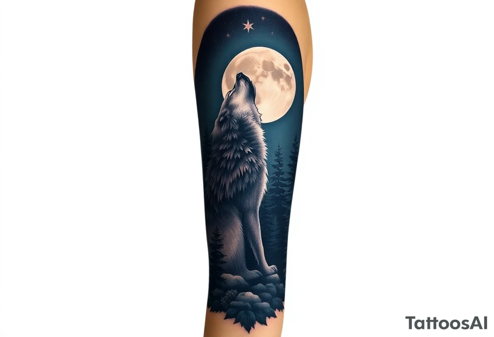 Lone wolf howling at the moon in the forest in the night Columba star tattoo idea