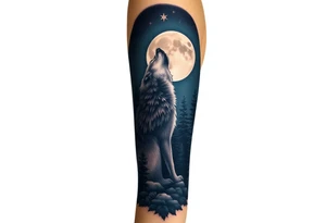 Lone wolf howling at the moon in the forest in the night Columba star tattoo idea