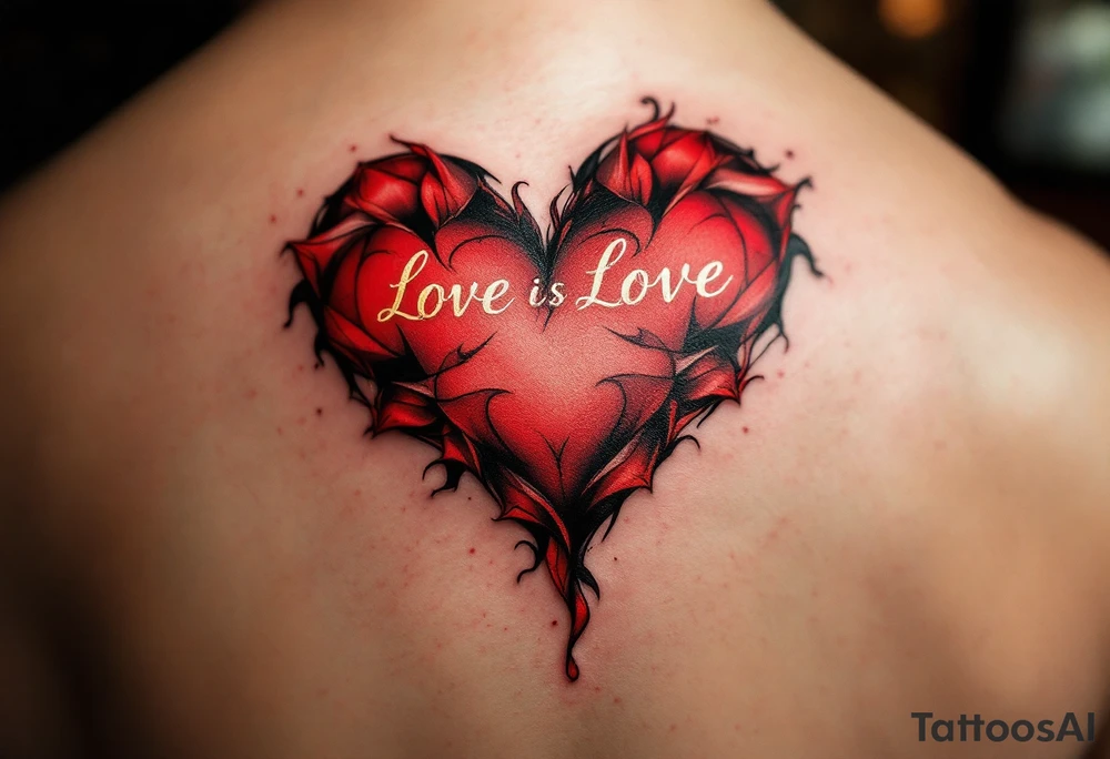 A bold red heart tattoo with the couple’s names inside, shaded with black and outlined in gold, symbolizing passionate love. tattoo idea