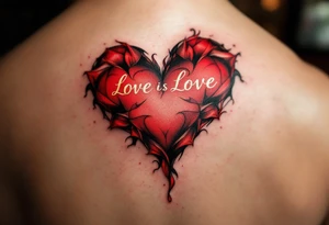 A bold red heart tattoo with the couple’s names inside, shaded with black and outlined in gold, symbolizing passionate love. tattoo idea