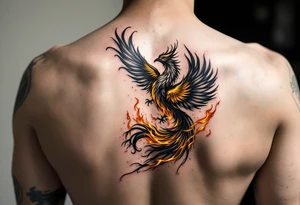 magnificent phoenix rising from golden flames with trailing embers tattoo idea