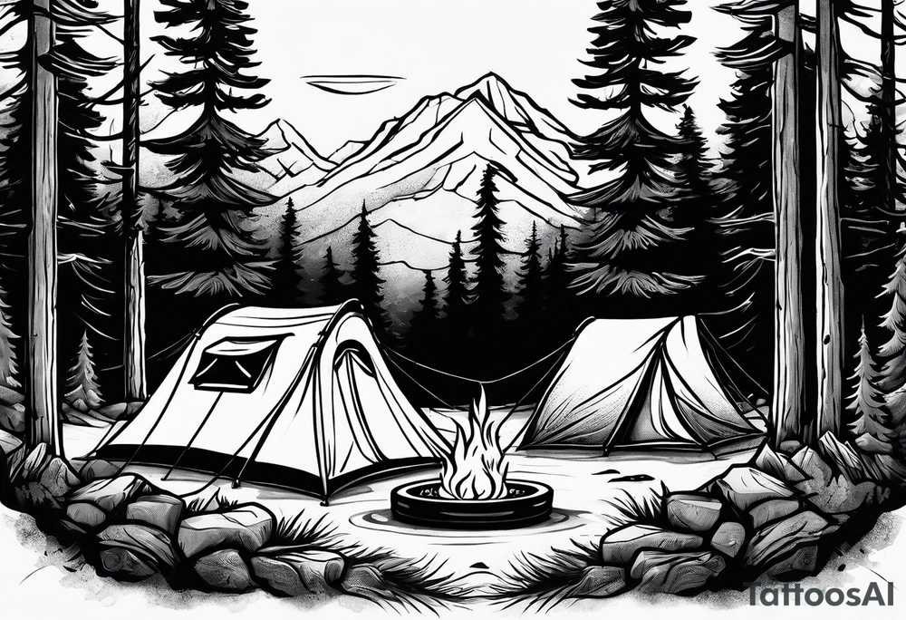 Campground with onr small tent and small fire pit with smoke pillowing out of it. three large pine trees being the focus in the background. tattoo idea