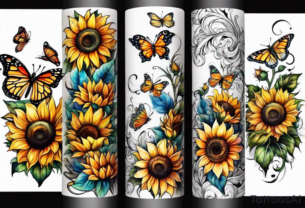 Arm sleeve with sunflowers and butterflies tattoo idea