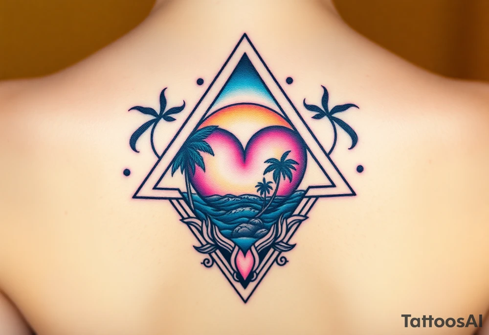 A triangle with a big heart in the center with an ocean theme and palm trees tattoo idea