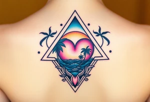 A triangle with a big heart in the center with an ocean theme and palm trees tattoo idea