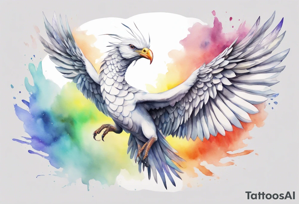 a watercolor of a white bird-serpent hybrid wearing a grey crown, with rainbow wing feathers, flying in the sky tattoo idea