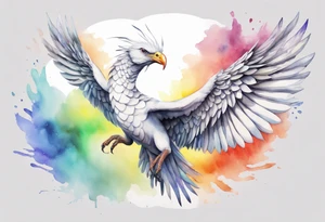 a watercolor of a white bird-serpent hybrid wearing a grey crown, with rainbow wing feathers, flying in the sky tattoo idea