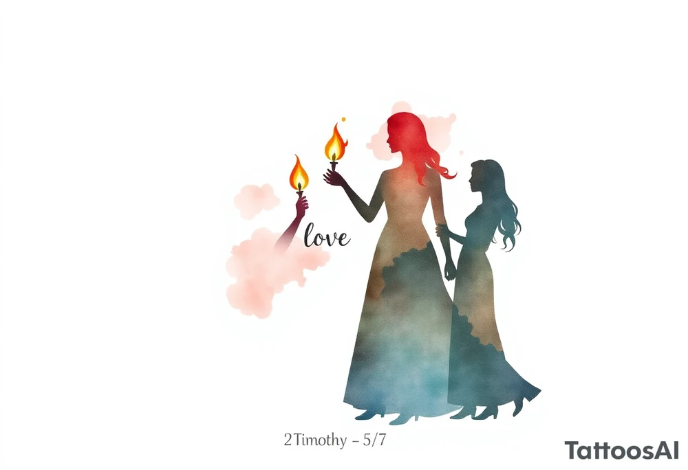 Silhouette of grandmother, mother and daughter passing a flame from oldest to youngest with the flame growing as it goes. Make the flame in watercolor motif and the silhouettes simple. Incorporate the words power, love and sound mind. Or 2 Timothy: 5-7 tattoo idea