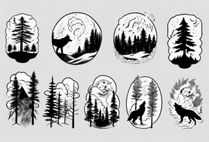 thunderstorm over a forest and a wolf howling tattoo idea
