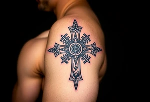 A bio-mechanical Maltese cross fused with gears and wires, combining organic and mechanical elements tattoo idea