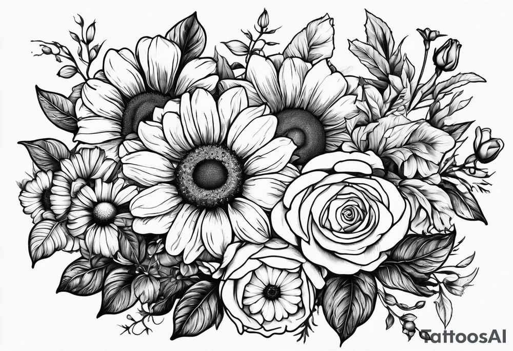 Roses, marigolds, cosmos, daisies, sweet peas and sunflowers tattoo idea