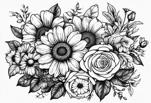 Roses, marigolds, cosmos, daisies, sweet peas and sunflowers tattoo idea
