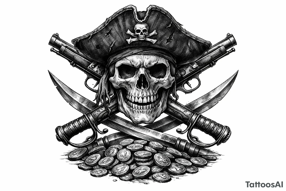 Black and grey skull with pirate hat, crossed flintlock pistols, sabers, and scattered gold coins. tattoo idea