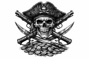 Black and grey skull with pirate hat, crossed flintlock pistols, sabers, and scattered gold coins. tattoo idea