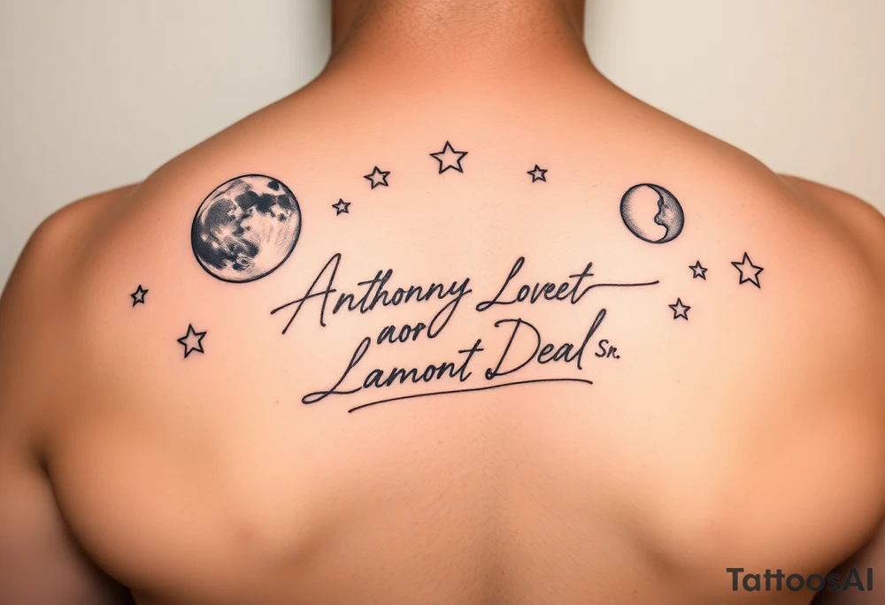 Manly handwriting remembering Anthony Lamont Deal Sr surrounded by moons and stars tattoo idea