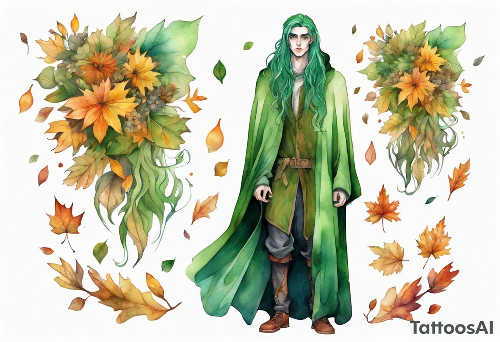 A tall, beautiful 19 year old man with autumn leaves in his long green hair, green skin and a cloak covered with flowers. tattoo idea