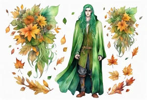 A tall, beautiful 19 year old man with autumn leaves in his long green hair, green skin and a cloak covered with flowers. tattoo idea