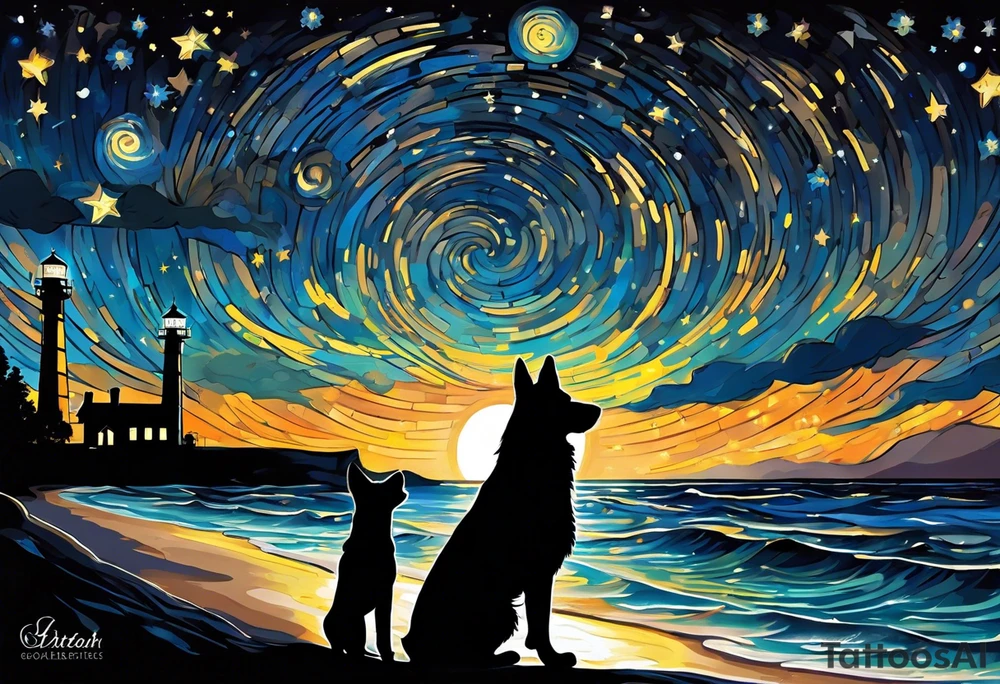 A silhouette of a german shephard, and an adult human male, looking up at a night sky in the style of Van Gogh Starry Night with a lighthouse in the background. Make the image twice as tall as it is wide. tattoo idea
