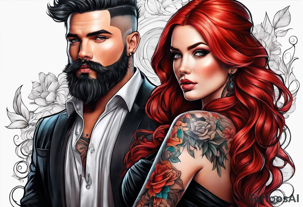 Busty Red haired woman with black haired bearded man tattoo idea