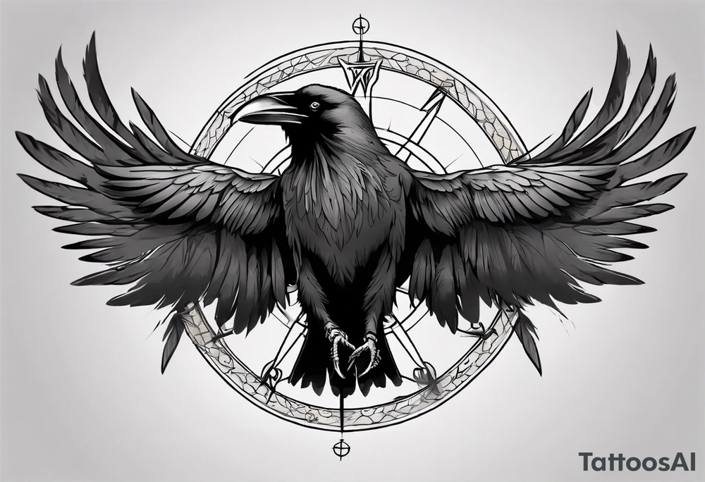 black raven with wings spread in the foreground with a viking compass in the background tattoo idea