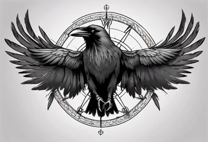 black raven with wings spread in the foreground with a viking compass in the background tattoo idea