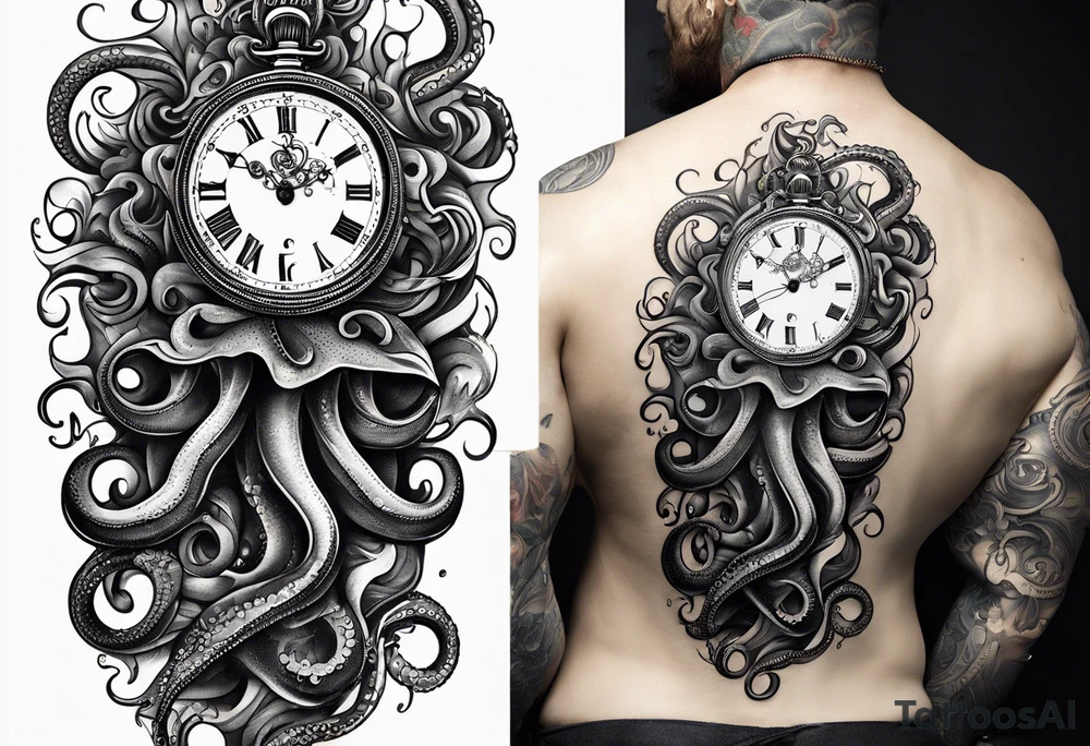 pocket watch being wrapped by an octopuse tattoo idea