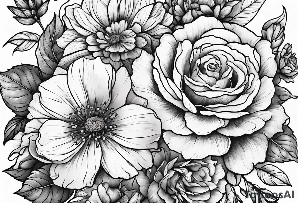 create delicate sketch of a floral tattoo with roses and marigold flowers tattoo idea