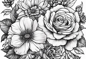 create delicate sketch of a floral tattoo with roses and marigold flowers tattoo idea