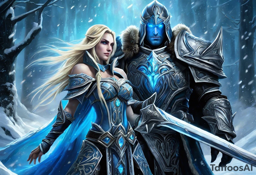 A highly detailed and emotionally charged scene depicting Arthas, the Lich King, and Jaina Proudmoore from World of Warcraft. Arthas stands as a dark, imposing figure in his Lich King armor, with glowing blue eyes and icy, deathly aura. Jaina, a powerful mage with long blonde hair, reaches out to him with a sorrowful expression, symbolizing their tragic past and lost love. The background is filled with cold, swirling mist, icy crystals, and ruins that evoke a sense of despair. The overall color palette features shades of blue, grey, and white, with soft lighting that highlights their faces and conveys the melancholic atmosphere. The style is realistic with a touch of fantasy magic, capturing the dramatic tension and deep emotional connection between these iconic characters. tattoo idea