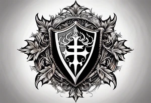 A beautifully adorned shield with a subtle crown of thorns encircling it, radiating an aura of divine power. tattoo idea