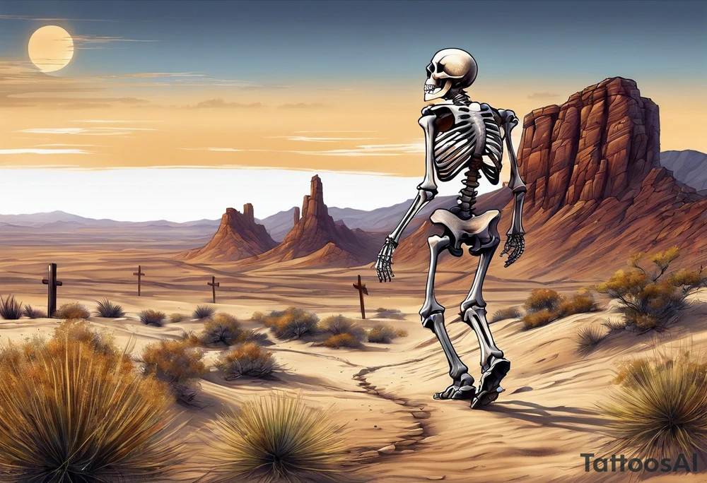 skeleton walking towards a cross in a desert tattoo idea