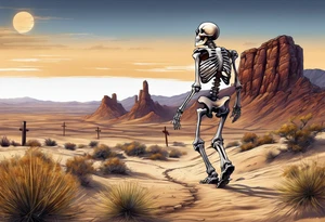 skeleton walking towards a cross in a desert tattoo idea