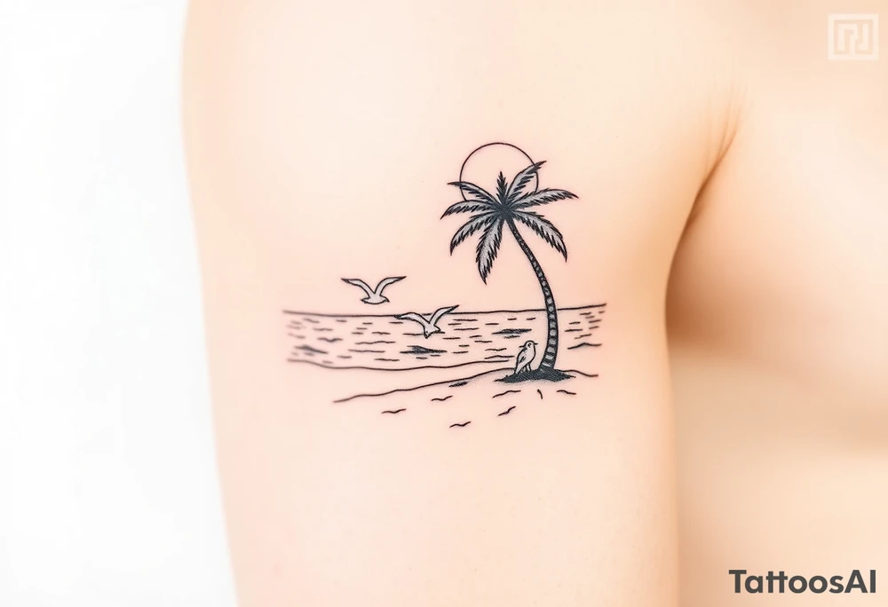 fine line, peaceful, serene, timeless, ocean, sand, palm tree, seagulls, sun tattoo idea
