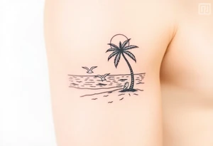 fine line, peaceful, serene, timeless, ocean, sand, palm tree, seagulls, sun tattoo idea